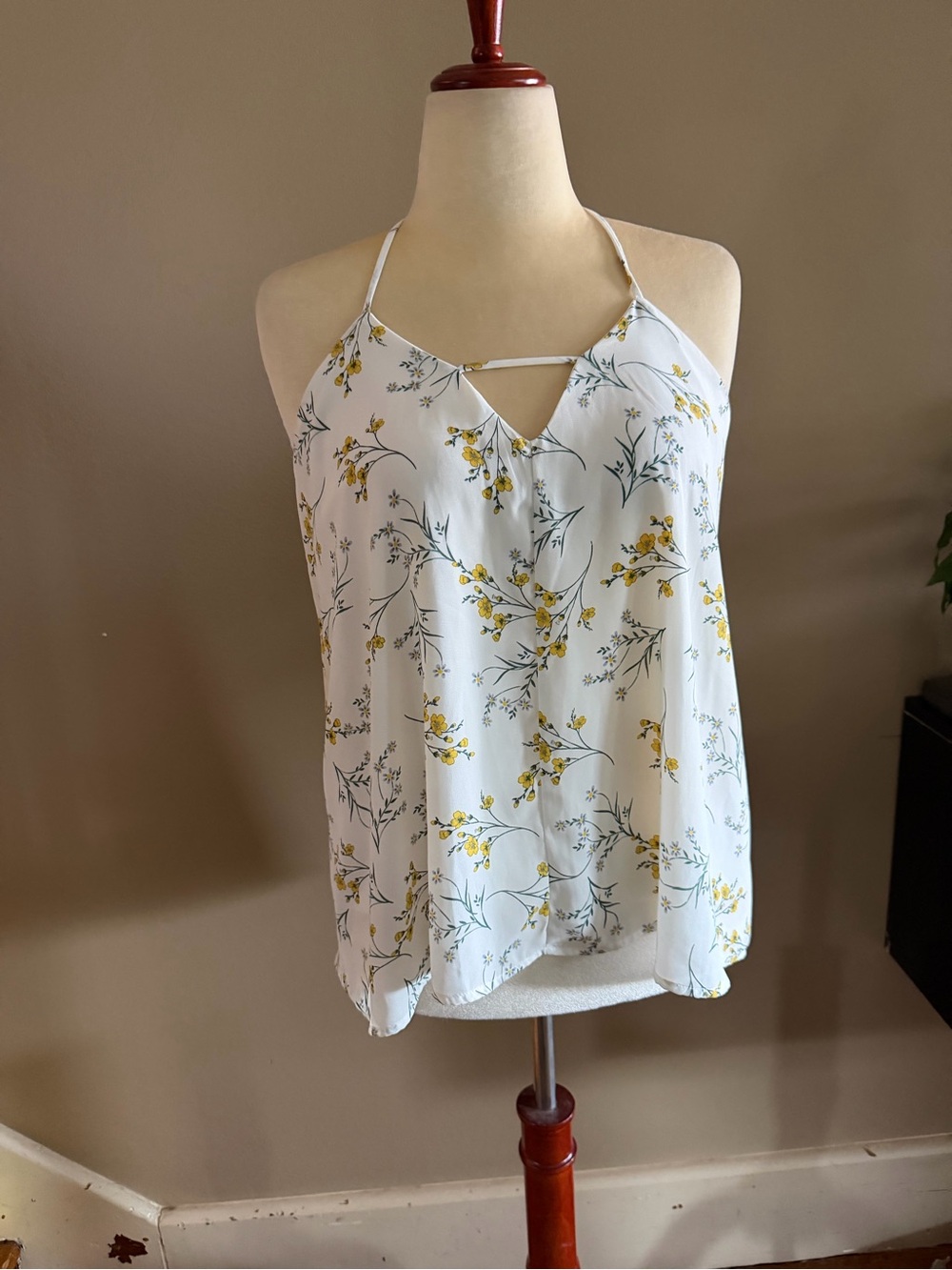 Alya White Floral lined Halter Tank Top Boho Cottagecore USA Made EUC